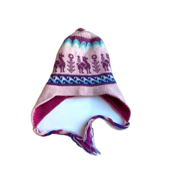 Hand-Knotted Chullo Winter Magenta Pink Reversible Alpaca Wool Blend W/ Earflaps - Picture 7 of 9